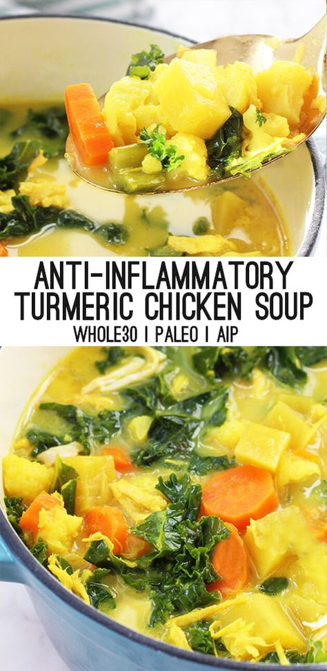 This anti-inflammatory turmeric chicken soup is a nourishing and healthy meal. It's paleo, AIP, and whole30 friendly. Chicken Soup Paleo, Turmeric Chicken Soup, Paleo Chicken Soup, Soup Paleo, Unbound Wellness, Turmeric Chicken, Anti Inflammation Recipes, Inflammation Diet, Paleo Soup