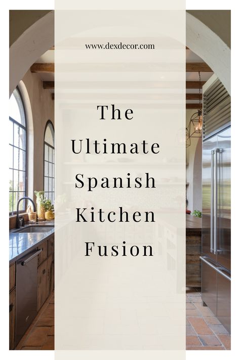 The Ultimate Spanish Kitchen Fusion with rustic decor and modern appliances. Spanish Modern Villa, Spanish Style Kitchen Cabinets, Spanish Style Kitchen Mexican Hacienda, Spanish Style Apartment, Spanish Villa Kitchen, Spanish Modern Homes, Modern Spanish Style Kitchen, Spanish Modern Kitchen, Modern Mediterranean Kitchen Design