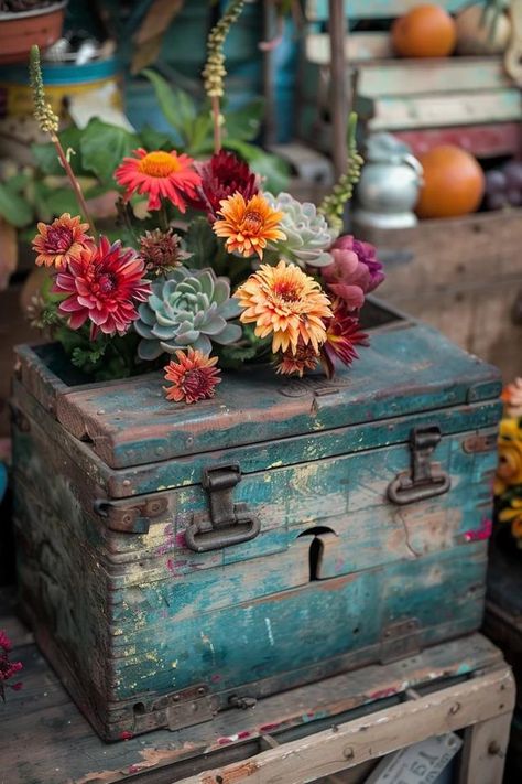 Rustic Charm: Wooden Tool Box Decorating Ideas Old Tool Box Decor Ideas, Box Decorating Ideas, Wooden Tool Box, Old Tool Boxes, Rustic Wooden Furniture, Antique Wooden Boxes, Jar Display, Rustic Wooden Box, Wooden Tool Boxes