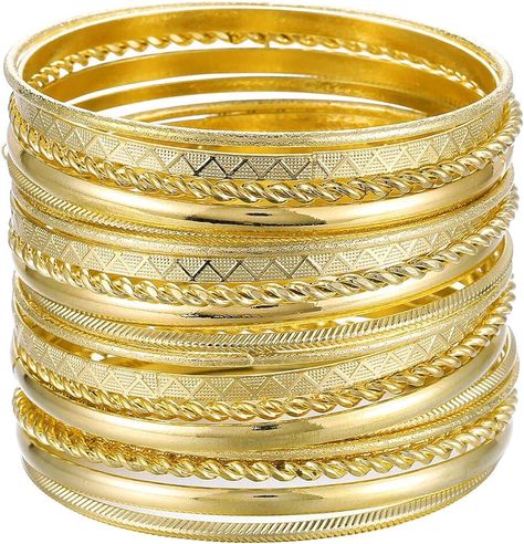 Amazon.com: Ensoul 2.68" Inner Diameter Gold Color Multiple Metal Bracelets & Bangles Set for Women Luxury 20Pcs/Set: Clothing, Shoes & Jewelry Rush Outfits, Nails Size, Shein Finds, Textured Bracelet, Gold Bangles For Women, The Bangles, Stackable Bangles, Designer Bracelets, Cheerleading Outfits