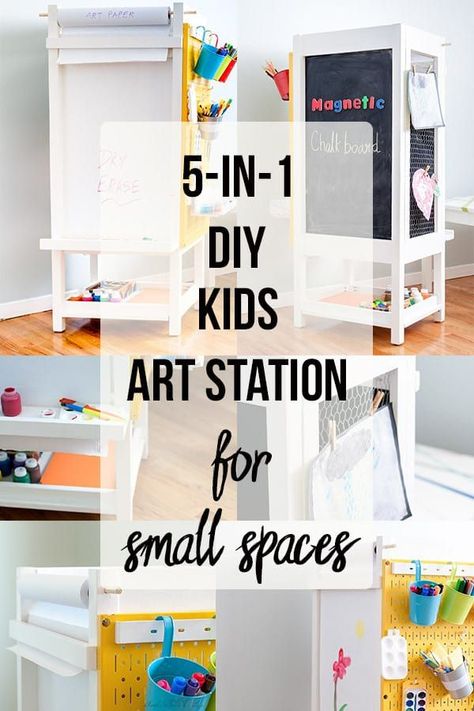 Love this idea! A fun DIY kids art station with organization, magnetic chalkboard, white board, art display, art paper holder and art supply organization. Perfect for small homes with no wall space to create a children's art station. #kidsroom #kidsactivities Diy Kids Art Station, White Board Art, Kids Art Station, Diy Kids Art, Supply Organization, Displaying Kids Artwork, Diy Kids Furniture, Art Display Kids, Art Supply Organization