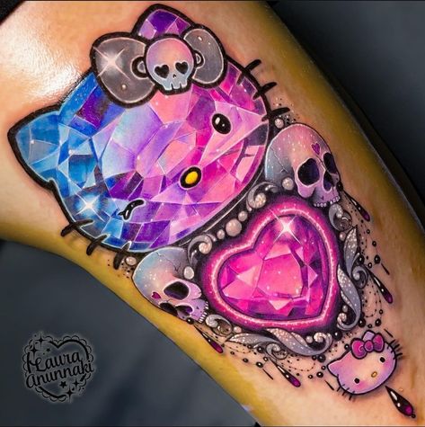 Bao Tattoo, Hello Kitty Skull, Laura Anunnaki, Girly Skull Tattoos, Hello Kitty Tattoo, Cupcake Tattoos, Kitty Tattoo, Gem Tattoo, Bright Tattoos