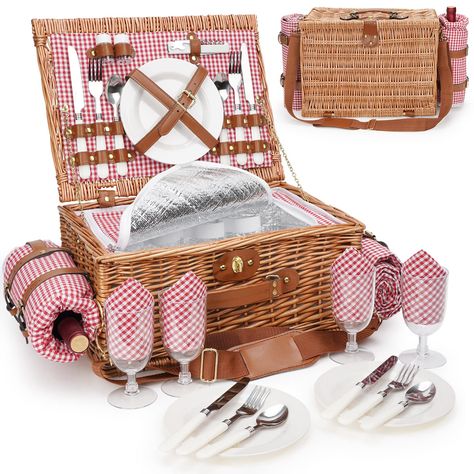 PRICES MAY VARY. 【High Quality Materials & Practical Construction】The picnic basket is measured in 16" W x 12" D x 7.5" H. The wicker basket set for 4 persons is hand-woven from natural buff wicker, which is durable, and has a strong bearing capacity and long service life. The holding straps and handle are made of PU, which is environment-friendly, no smell, sturdy to use and carry wherever you go. 【Insulated Compartment Design】The picnic hamper for 4P is featured with a built-in insulated compa Wicker Storage Boxes, Picnic Basket Set, Picnic Box, Waterproof Picnic Blanket, Wicker Hamper, Picnic Hamper, Picnic Inspiration, Wicker Picnic Basket, Pic Nic