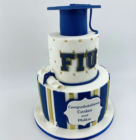 Navy Blue And Gold Graduation Cake, Blue And Gold Graduation Cake, Blue And Gold Graduation, Cake 2023, Graduation Cake Designs, Cake Orange, Grad Cake, Navy Blue And Gold, Tiered Cake