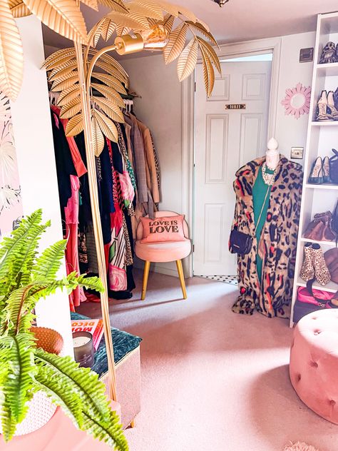 The dressing room part of my bedroom with my new cushion from Rockett St George #dressingroom #pink #bedroom #bedroomideas #interiordesign #interiordesignideas #interiorstyling Colourful Dressing Room, Pink Dressing Room, Hotel Style Bedroom, Makeup Area, Glam Bedroom, Rockett St George, Closet Room, Style Bedroom, Diy Closet