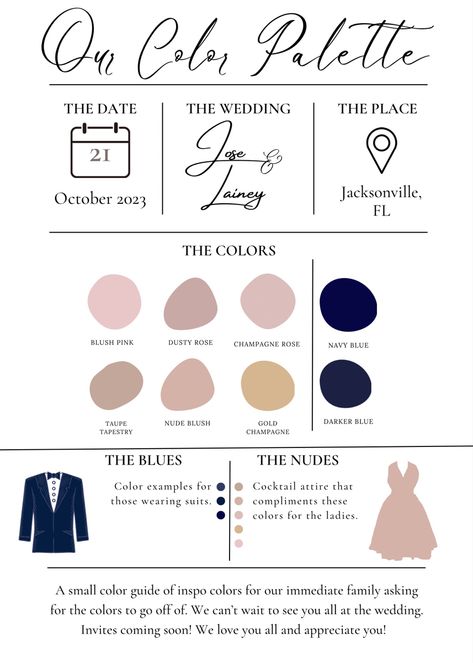 Wedding Attire Palette, Attire Color Palette Invitation, Wedding Dress Code Palette, Color Palette Wedding Invitation, How To Choose Wedding Colors, Dresscode Wedding Invitation, Wedding Dress Code Color Palette, Family Color Palette, Monochromatic Wedding Colors