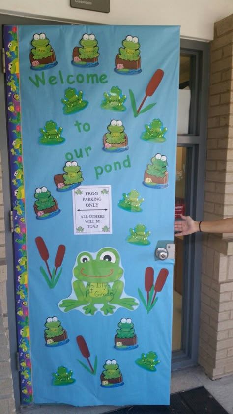 Frog Door Decorations Classroom, Frog Theme Classroom Decorations, Frog Bulletin Board Ideas, Pond Theme Classroom Decor, Frog Classroom Theme, Frog Classroom Theme Preschool, Frog Themed Bulletin Boards, Frog Classroom Door, Frog Room Ideas