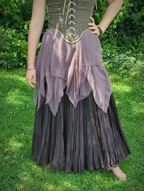 "Ragged Gossamer Over Skirt.  Hand dyed in limited edition colors.  This listing is for the over skirt only. This tattered, raw edge over skirt is sure to add a bit of whimsy to your sea/ forest nymph, sea witch, ship wrecked, forest sprite costume.  It can be worn over a skirt (as shown in the pictures) or over a pair of leggings/shorts. It can even be worn as a swimsuit cover-up. This skirt is see through and the panels are free flowing so we definitely recommend something be worn underneath. Sprite Costume, Witch Aesthetic Outfit, Forest Sprite, Rag Skirt, Ren Faire Outfits, Forest Nymph, Burning Men, Belt Skirt, Over Skirt