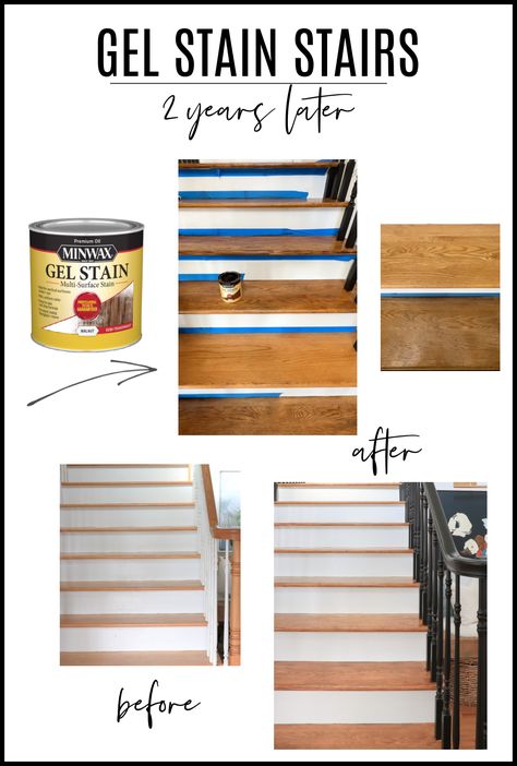 Gel Stained Stairs-Two Years Later Stained Stairs, Stained Staircase, Walnut Gel Stain, White Stair Risers, Stairs Painted, Paint Stairs, Minwax Gel Stain, Diy Stairs Makeover, Eclectic Diy