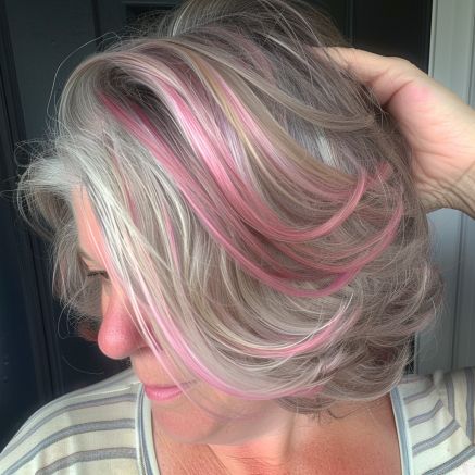 Natural Grey Hair With Pink Highlights, Pink Highlights In Grey Short Hair, Blonde Hair With Pale Pink Highlights, Color Streaks In Gray Hair, Pink And White Hair Color, Pink On Grey Hair, White Hair With Colored Highlights, Subtle Pink Highlights Blondes, Pink Hair Over 50