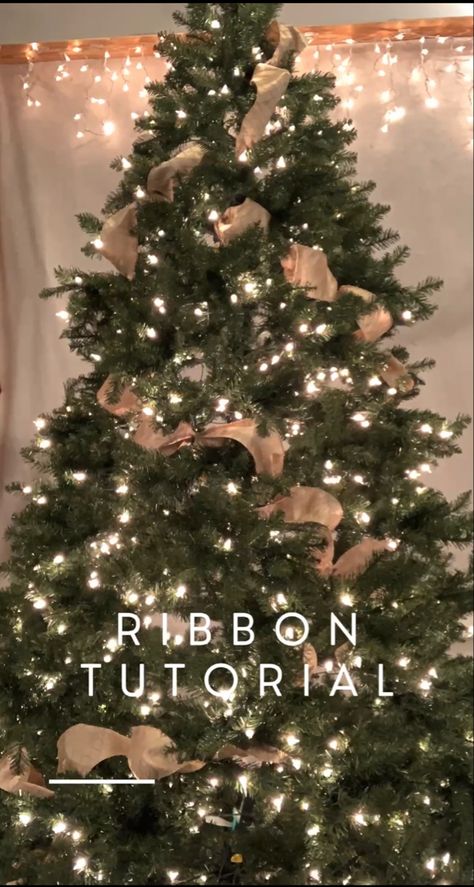 Christmas tree with white lights and beautiful ribbon Burlap And Red Ribbon Christmas Tree, Burlap Ribbon Christmas Tree Easy Diy, How To Put Burlap On Christmas Tree, How To Make Ribbon Bows Christmas Tree, How To Wrap Ribbon Around Christmas Tree, How To Tuck Ribbon In Christmas Tree, Christmas Tree With Burlap Ribbon, Burlap Ribbon Christmas Tree, Tree Ribbon Tutorial