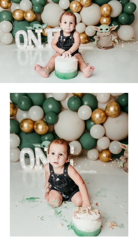 One With The Force Smash Cake, Star Wars 1st Birthday Photo Shoot, First Birthday Star Wars Cake, Grogu First Birthday Party, Mandalorian First Birthday, One With The Force First Birthday Cake, Star Wars Cake Smash, Star Wars One Year Birthday, The Child Is One Baby Yoda Birthday