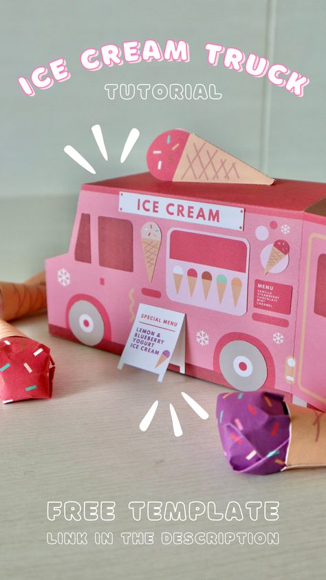 Looking for a unique and thoughtful gift idea for your boyfriend or best friend? Check out this DIY tutorial on how to make a pink ice cream truck candy box from paper! This charming and whimsical candy box can hold up to 6 delicious chupa chups candies, making it the perfect gift for candy lovers. Template Link: https://www.pinterest.com/GetWellPlanPlanner/ice-cream-truck-candy-box/ Ice Cream Valentine Box Ideas, Ice Cream Truck Valentines Boxes, Ice Cream Cone Valentine Box Ideas, Cricut Candy Boxes, Ice Cream Gift Box Ideas, Candy Box Ideas Diy, Candy Box Template Free Printable, Ice Cream Truck Template Free Printable, Ice Cream Truck Craft