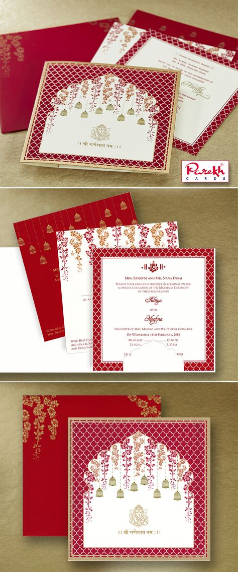 This beautiful traditional Indian invitation card is made from high-quality Ivory Cream textured paper board with matching mailing envelope with options of 3 different colorful inserts inside. Card front has beautiful floral design decorated with Bell which is outlined with golden foil. Ganesh on the front of the card is printed in Gold gives stunning look. Modern Hindu Wedding, Traditional Indian Wedding Cards, Wedding Card Indian, Indian Wedding Invitation Wording, Hindu Wedding Invitation Cards, Indian Invitation Cards, Wedding Card Design Indian, Hindu Wedding Invitations, Hindu Wedding Cards