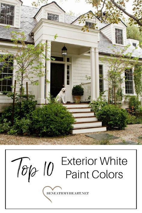 The Top 10 Exterior White Paint Colors for Your Home - Beneath My Heart Two Tone White House Exterior, Creamy White Benjamin Moore Exterior, Antique White House Exterior, Sw Exterior White Paint Colors, Gossamer Veil Exterior House, Dove White Exterior House, Exterior White Trim Colors, Best Off White Exterior Paint Color, Exterior White House Colors