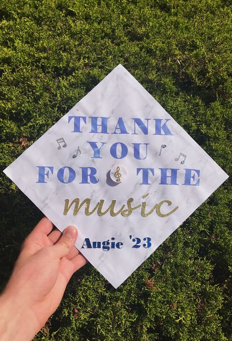 Thank you for the music Grad Cap #mammamia #gradcap #graphicdesign Thank You For The Music Grad Cap, High School Musical Grad Cap, Boho Graduation Cap, Music Graduation Cap Ideas, Music Teacher Graduation Cap, Grad Cap Mamma Mia, Musical Grad Caps, Music Major Graduation Cap, Grad Cap Song Lyrics