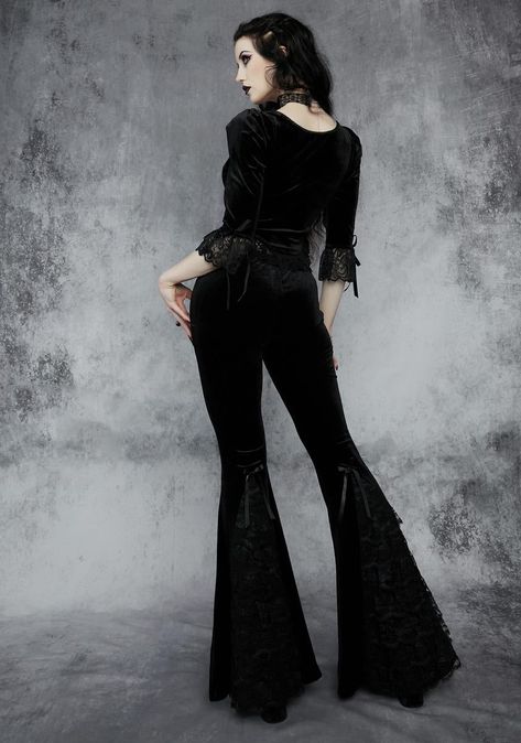 Lace Bell Bottoms, Velvet Bell Bottoms, Goth Pants, Punk Plaid, Occult Fashion, Velvet Flare Pants, Victorian Romance, Gothic Emo, Velvet Flares