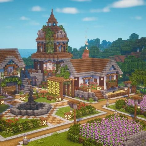 Cute Villages Minecraft, Min Craft Houses, Minecraft Cute Farmhouse, Minecraft Cottage Village Ideas, Aesthetic Village Minecraft, Minecraft Small Village Ideas, Revamped Minecraft Village, Minecraft Building Village, Small Town Minecraft