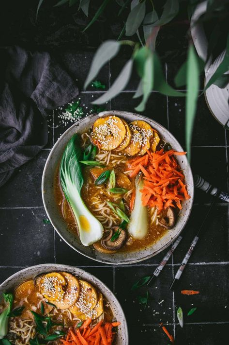 This recipe for Vegan Sesame Miso Ramen is ultra-comforting with a full-bodied flavor. Miso, soy sauce, and dried mushrooms lend a ton of umami, while fresh ginger, garlic, and chili bring a bit of spice. Add Bok choy and brown rice ramen for a delicious and hearty noodle bowl! Fig Jam Grilled Cheese, Jam Grilled Cheese, Miso Ramen Recipe, Cheese With Honey, Ramen Broth, Ginger Miso, Miso Ramen, Ramen Recipe, Vegan Soup Recipes