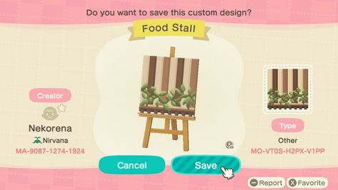 Acnh Wooden Stall Design, Acnh Wood Stall Design, Acnh Cottagecore Stall Designs, Stall Qr Code Animal Crossing, Animal Crossing Cafe Stall, Acnh Veggie Stall Design, Acne Stall Codes, Acnh Cafe Stall, Stall Pattern Animal Crossing