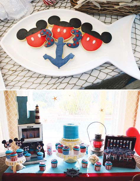 Cute Nautical Mickey Mouse Birthday Party // Hostess with the Mostess® Disney Cruise Birthday, Mickey Mouse Cake Pops, Mickey Cake Pops, Nautical Mickey, Mickey Mouse Birthday Decorations, Mouse Cookies, Boat Table, Sailor Theme, Mickey Mouse Cookies