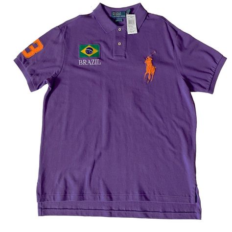 This Is A Very Rare Brand New Vintage Polo Shirt From Polo Ralph Lauren! It Has The Vintage Navy Rl Label With White Stitching, And It's Purple With A Huge Brazilian Flag On Both The Front And The Back, And Rl's Trademark Big Pony On The Front As Well. Custom Fit. Sizes Xxl. 100% Cotton. Fabric Is Mesh Type Cotton. Size Xxl - Chest 52 Inches (26 Inches Pit To Pit) Vintage Men Shirt, Purple Shirt Men, Vintage College Shirts, Polo Fits, Brazil Shirt, Vintage Polo Shirt, Brazilian Flag, Brazil Flag, Ralph Lauren Polo Shirt