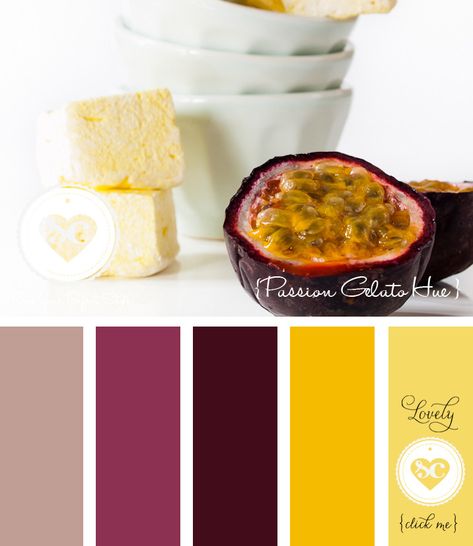 Passionfruit Color Palette, Passion Fruit Color Palette, Fruit Palette, Color Thesaurus, Drawing Resources, Paint Color Combos, Fruit Nails, Colour Pallets, Color Chip