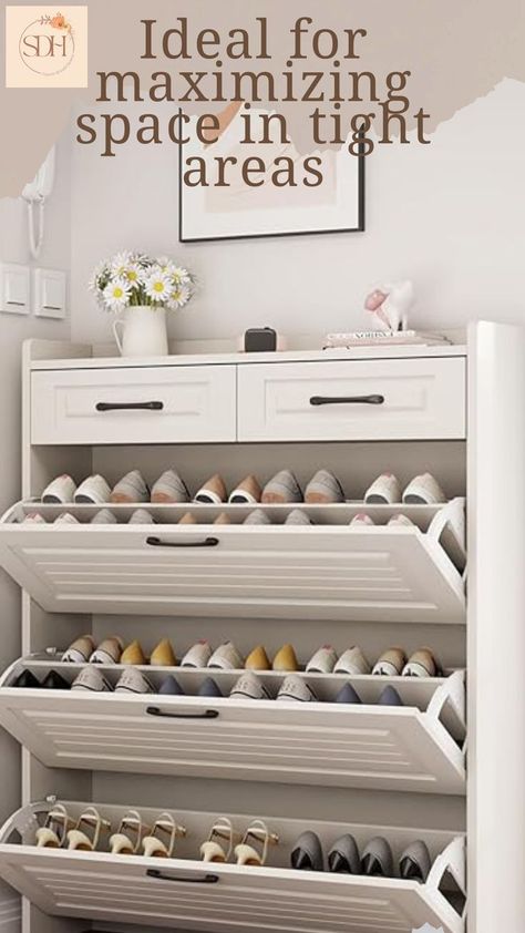 Enclosed Shoe Storage Ideas, Hallway Storage Ideas Narrow, Narrow Hallway Storage, Entry Shoe Storage, Hallway Apartment, Shoe Rack Wood, Hidden Shoe Cabinet, Slim Shoe Storage, Shoe Rack Cabinet Design