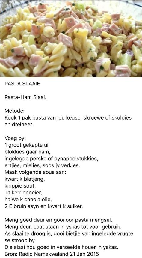 Noodle Slaai, South African Salad Recipes, Salad Recipes South Africa, Pasta Ham, Cooking Recipes For Dinner, African Cooking, Fresh Salad Recipes, Cookie Recipes Homemade, Catering Ideas Food