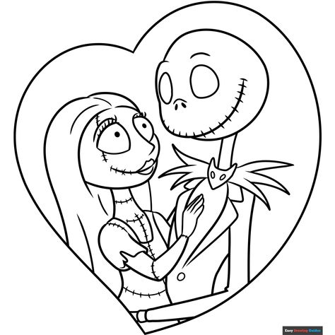 Free Jack and Sally from Nightmare before Christmas Coloring Page for Kids Nightmare Before Christmas Coloring Book, Jack Skellington Free Printable, Jack And Sally Coloring Pages Free Printable, Simple Jack And Sally Tattoo, Jack And Sally Coloring Pages, Sally Nightmare Before Christmas Drawing Easy, Jack Skellington Crafts For Kids, Jack Skellington Coloring Pages, Nightmare Before Christmas Easy Drawing