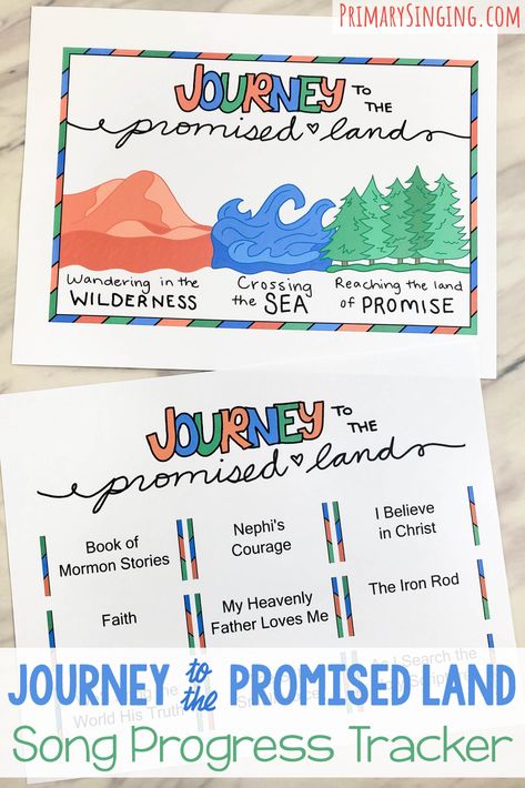 Journey to the Promised Land Song Progress Tracker - Use this adorable themed poster to help track your songs as you prepare for your Primary Program Presentation. Start the songs on the left and move them along their journey towards the Promised Land! A cute Book of Mormon Come Follow Me themed tracker for LDS Primary music leaders in Singing time! Lds Primary Songs 2023, 2024 Primary Songs, Primary Program Song Review, Faith Lds Primary Song, Lds Primary Songs Flip Charts, When I Am Baptized, Jesus Has Risen, Book Of Mormon Stories, Primary Program