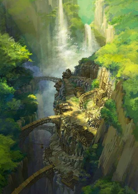 Adventure: Forest - Imgur Mining Village Concept Art, Fantasy Cliff Village, Cave Village Fantasy Art, Jungle Village Concept Art, Mines Concept Art, Mountain Village Concept Art, Cliff Concept Art, Mine Concept Art, Fantasy Mine