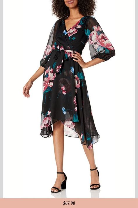 Women's Faux Maxi Summer Wrap Dress Black Summer Dresses, Summer Dresses With Sleeves, Classical Dress, Maternity Clothes Summer, Classy Summer Outfits, Summer Formal Dresses, Figure Flattering Dresses, Flowy Summer Dresses, Dkny Dress