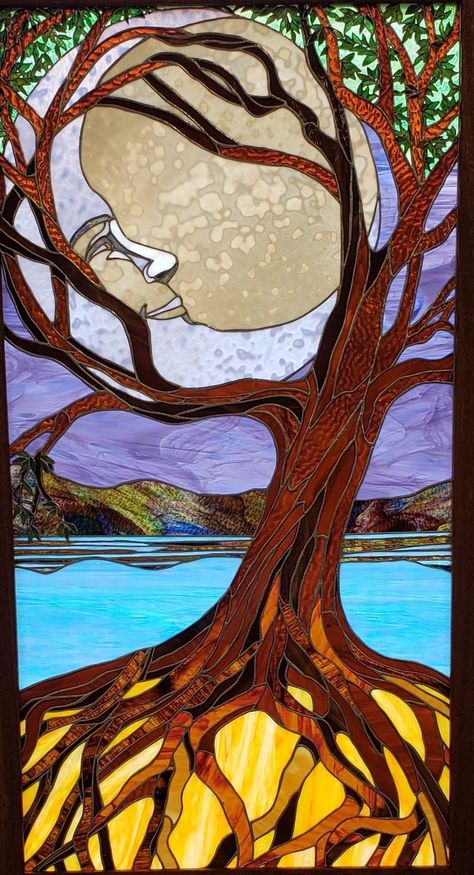 Stained Glass Landscape, Fire Tree, Glass Landscape, Moon Glass, Stained Window, Mosaic Art Diy, Stained Glass Patterns Free, Glass Room, Stained Glass Decor