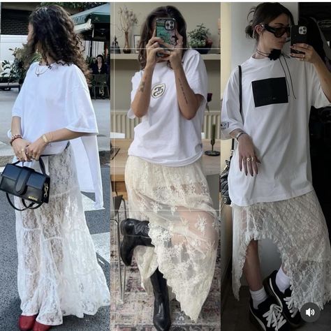 Long Skirt And Tshirt Outfits, Skirt And Tshirt Outfits, Skirt And Tshirt, Lace Maxi Skirt, Random Outfits, Funky Style, Funky Fashion, Skirt Fits, Lace Maxi