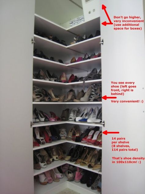 corner shoe storage - Ikea hack but will work with other cabinets/closets Ikea Corner Shoe Storage, 100 Pair Shoe Storage, Corner Shoe Shelves, Shoe Storage Ikea, Ikea Closet Storage, Hackers Ikea, Ikea Closet Organizer, Deep Closet, Shallow Shelves