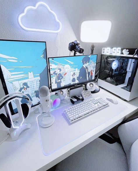 Gaming Setup Bedroom, White Setup, White Desk Setup, Planet 9, Gaming Desk Setup, Mood Lamp, Computer Desk Setup, Gamer Setup, Streaming Setup