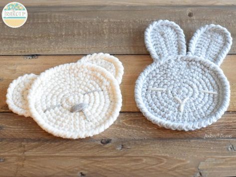 The Sleepy Bunny and Bear Coasters Crochet pattern by Ira Rott Free Crochet Coasters, Crochet Coasters Pattern, Coasters Free Pattern, Photo Setting, Crochet Cozies, Bernat Super Value Yarn, Coasters Pattern, Sleepy Bunny, Coaster Patterns