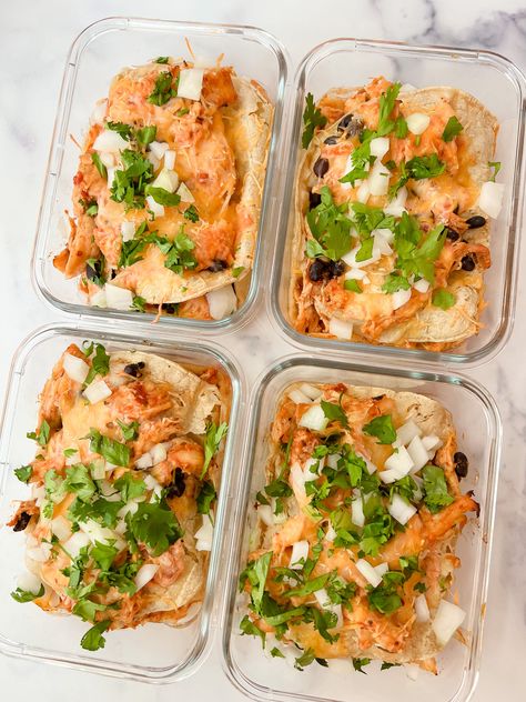 Enchilada Meal Prep - TeacherTastes Enchilada Meal Prep, Tortilla Chicken, Chicken Greek, Single Serve Meals, Taco Lasagna, Protein Lunch, Dinner Meal Prep, Macro Meals, Chicken Enchilada