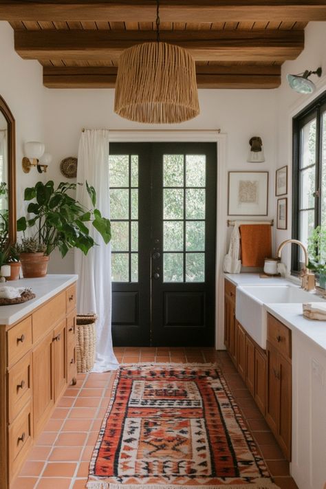 Get some inspo for your perfect boho bathroom with these tips and ideas. West Coast Farmhouse, Bohemian Master Bath, Terracotta Floor Bathroom, California Bathroom, Guest Studio, Boho Bathrooms, Bathroom Color Palette, Interrior Design, Moroccan Living Room