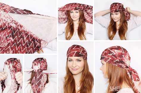 10 Different ways to tie a scarf in your hair | SheKnows.com How To Fold Scarf, Hair Scarf Tutorial, Head Scarf Tutorial, Pirate Hair, Pirate Bandana, Head Scarf Tying, Simple Scarf, Fest Outfits, Scarf Tutorial