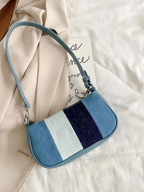 Colorblock Baguette Bag | SHEIN USA Patchwork Bandana, Tas Denim, Potli Bag, Aesthetic Bags, Random Style, Diy Bag Designs, Denim Handbags, Thrift Flip, Potli Bags