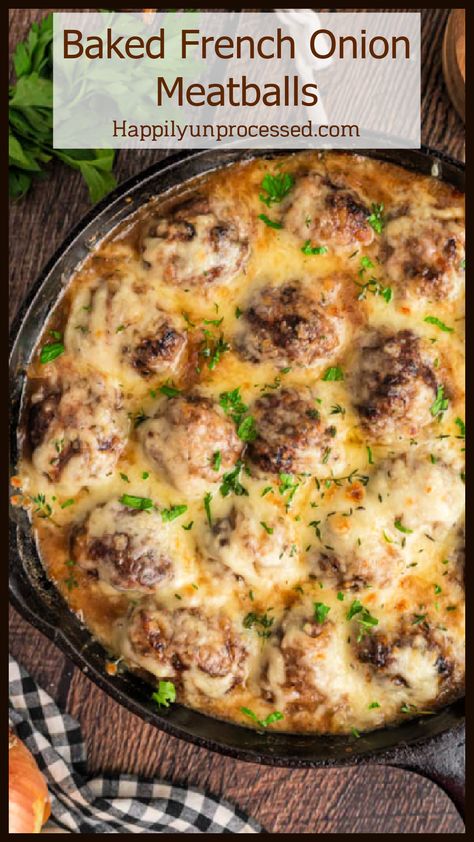 Meatballs cooked in a French onion soup topped with mozzarella cheese and baked French Onion Soup Stuffed Meatloaf, French Onion Meatball Skillet, Cheesy French Onion Meatballs, French Onion Meatballs Baked, Hi Iron Meals, Meatballs Onion Soup Mix Recipe, French Onion Turkey Meatballs, Sunchips French Onion Meatballs, Italian Meatball Recipes Baked