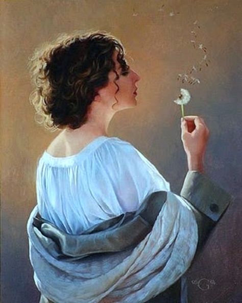 Gray, David - Sowing Dandelions Blowing Dandelion Illustration, Blowing Dandelion, Feminine Essence, David Gray, Dandelion Art, Dandelion Wishes, Mediums Of Art, Art Romantic, Hyper Realistic Paintings