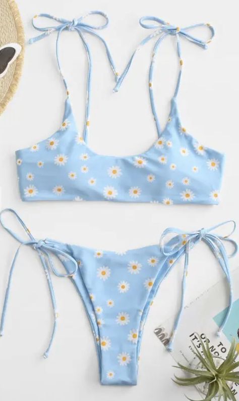 Daisy Print String Bikini | Sky Blue | Kawaii | Sponsored Daisy Swimsuit, Flower Swimsuit, Hannah Grace, Cute Swimsuits, California Coast, Cute Bikinis, Daisy Print, Swimwear Collection, String Bikinis