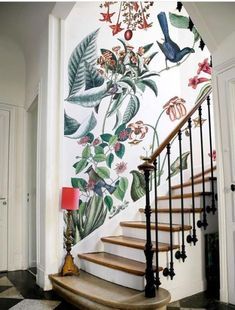 Wallpaper Staircase, Wall Entryway, درج السلم, Hallway Wallpaper, Stair Wall, Home Office Inspiration, Hal Decor, Accent Walls In Living Room, Lan Can