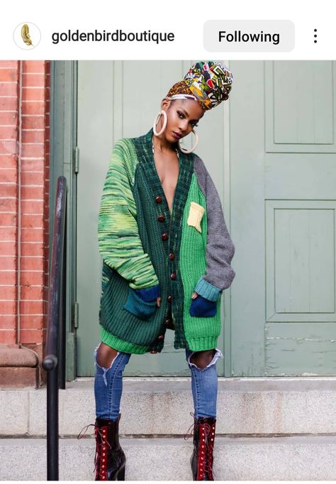 Erica Badu, Africa Chic, Golden Bird, By Any Means Necessary, Boyfriend Cardigan, Vintage Thrift, Funky Outfits, Recycled Fashion, Dope Fashion