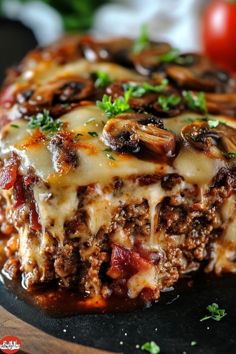 bacon mushroom swiss meatloaf Bacon Mushroom Swiss Cheese Meatloaf Recipe, Bacon Swiss Meatloaf, Salsbury Steak Sides Dinners, Mushroom Swiss Meatloaf, Bacon Mushroom Swiss Cheese Meatloaf, Bacon Mushroom Swiss Meatloaf, Beef And Mushroom Recipes, Meatloaf Side Dishes, Mushroom Meatloaf