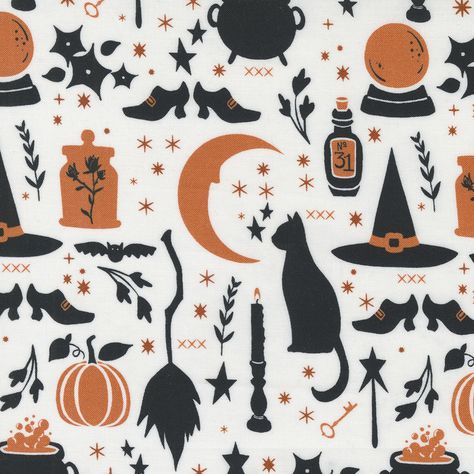 Spellbound by Sweetfire Road for Moda Fabrics is a spooky fabric collection featuring classic Halloween monsters like ghosts and witches with pumpkins and cauldrons for an eerie fun look. This white fabric features vintage seasonal motifs in black and orange minimalism to inspire some spooky holiday magic with black cats, bats, potions, witch hats, and brooms! Width: 43"/44" Material: 100% Cotton Estimated Arrival Date is May 2023. Simple Halloween Designs, Halloween Motifs, Halloween Monsters, Witches Hats, Halloween Wallpapers, Witch Hats, All Hallows Eve, Spooky Szn, Classic Halloween