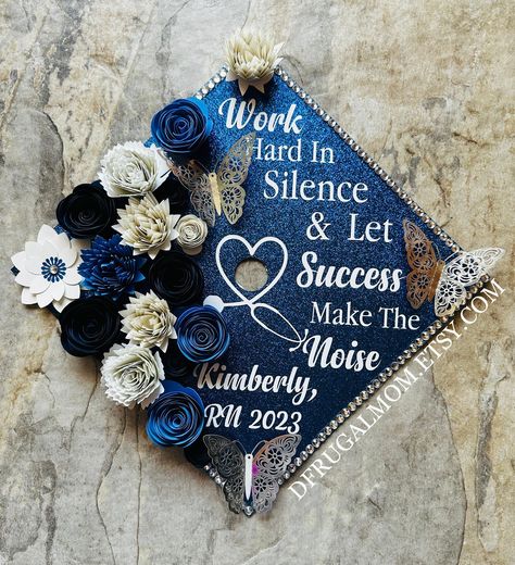 Excited to share the latest addition to my #etsy shop: Work Hard In Silence And Let Success Make The Noice, Graduation Cap Topper, Graduation Cap Decor, Cap Topper, Graduation Cap Design Cute Cap Ideas For Graduation, Blue Graduation Cap, Nursing School Cap Decoration, Nursing Graduation Cap, Graduation Cap Decoration Nursing, Graduation Hat Designs, Graduation Cap Decoration Diy, Blue Graduation, High School Graduation Cap